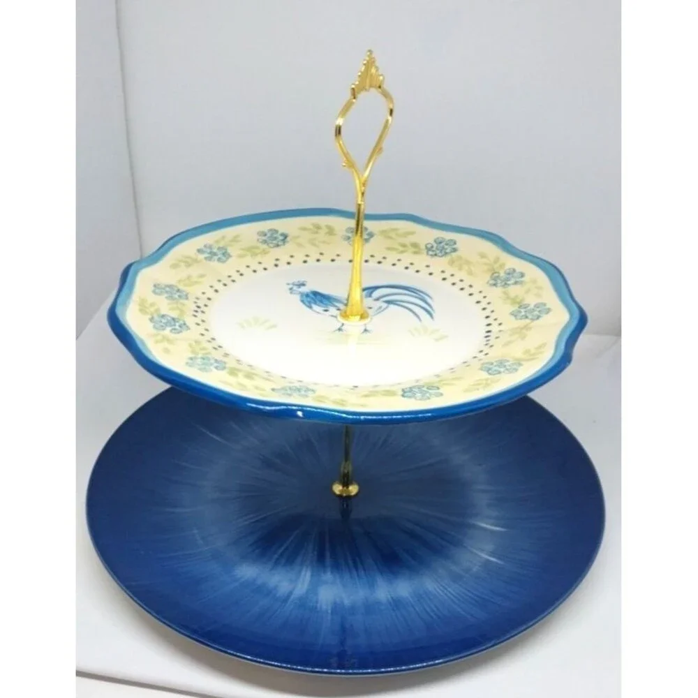 Custom 2 Tier Cake Stand Cottage Core Blue Floral Rooster Country